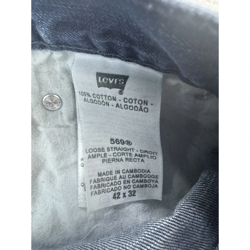 Levis 569 Jeans Men 42x32 Navy Blue Loose Baggy Straight Whisker Distress Denim